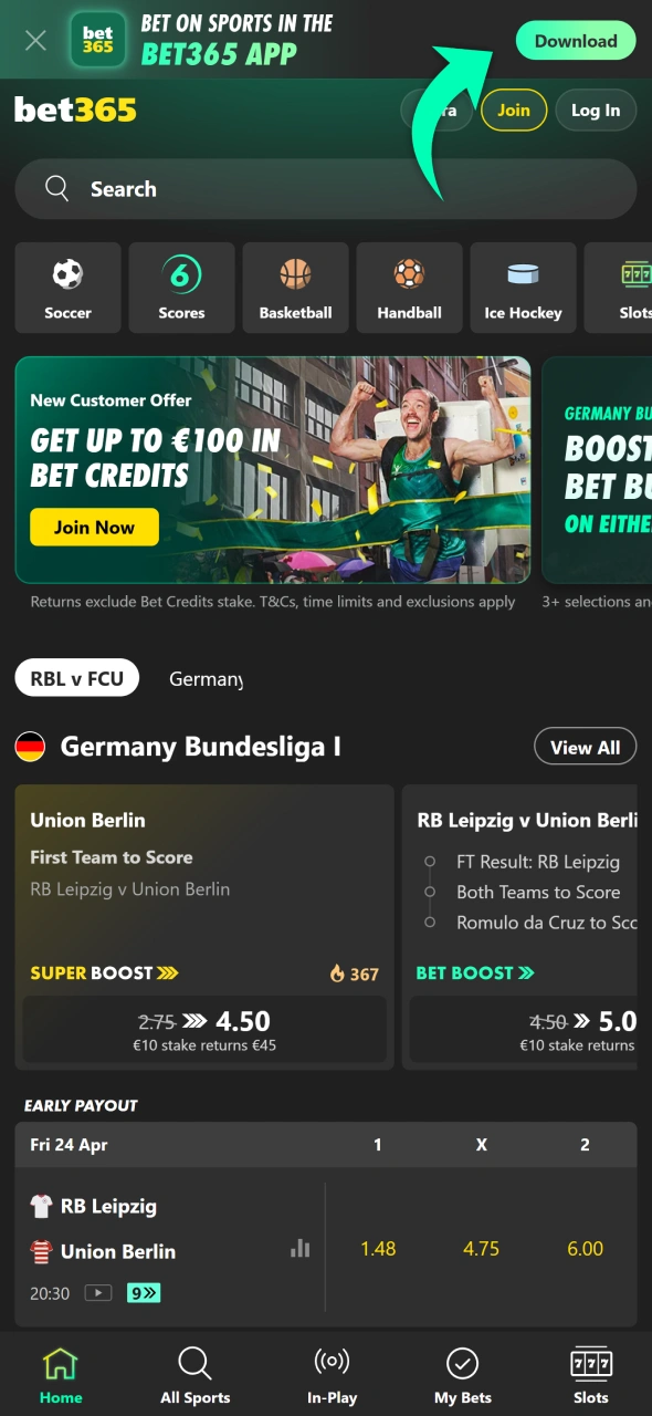 Get Bet365 app at footer or in notification line at the official website.