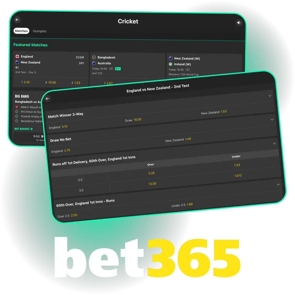 Place your cricket bets at Bet365 online casino and withdraw your winnings.