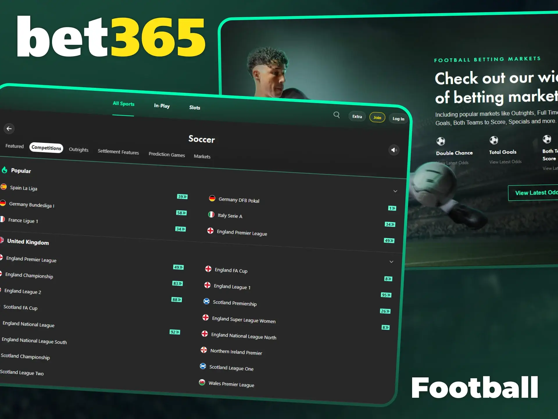 Support your favorite teams in football betting at Bet365 sports.